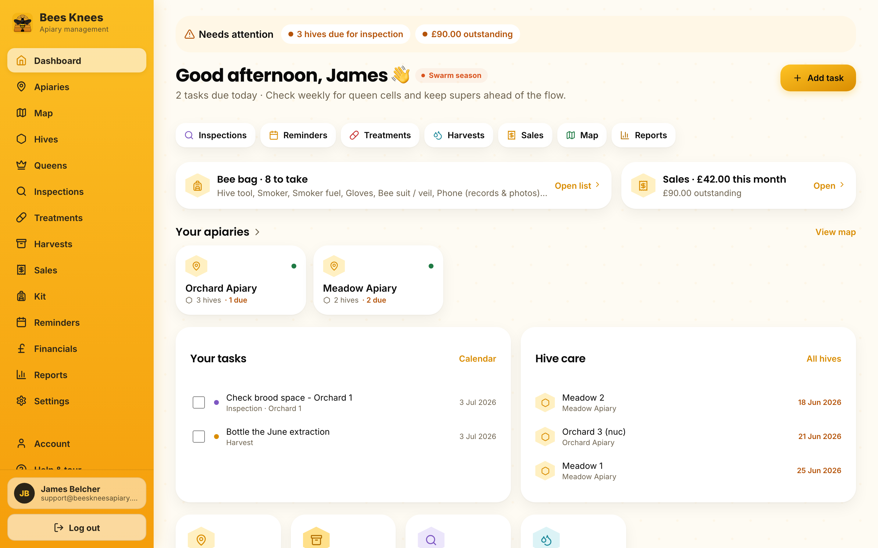 The Bees Knees Apiary web dashboard showing seasonal tips, tasks, apiaries, sales and honey yield