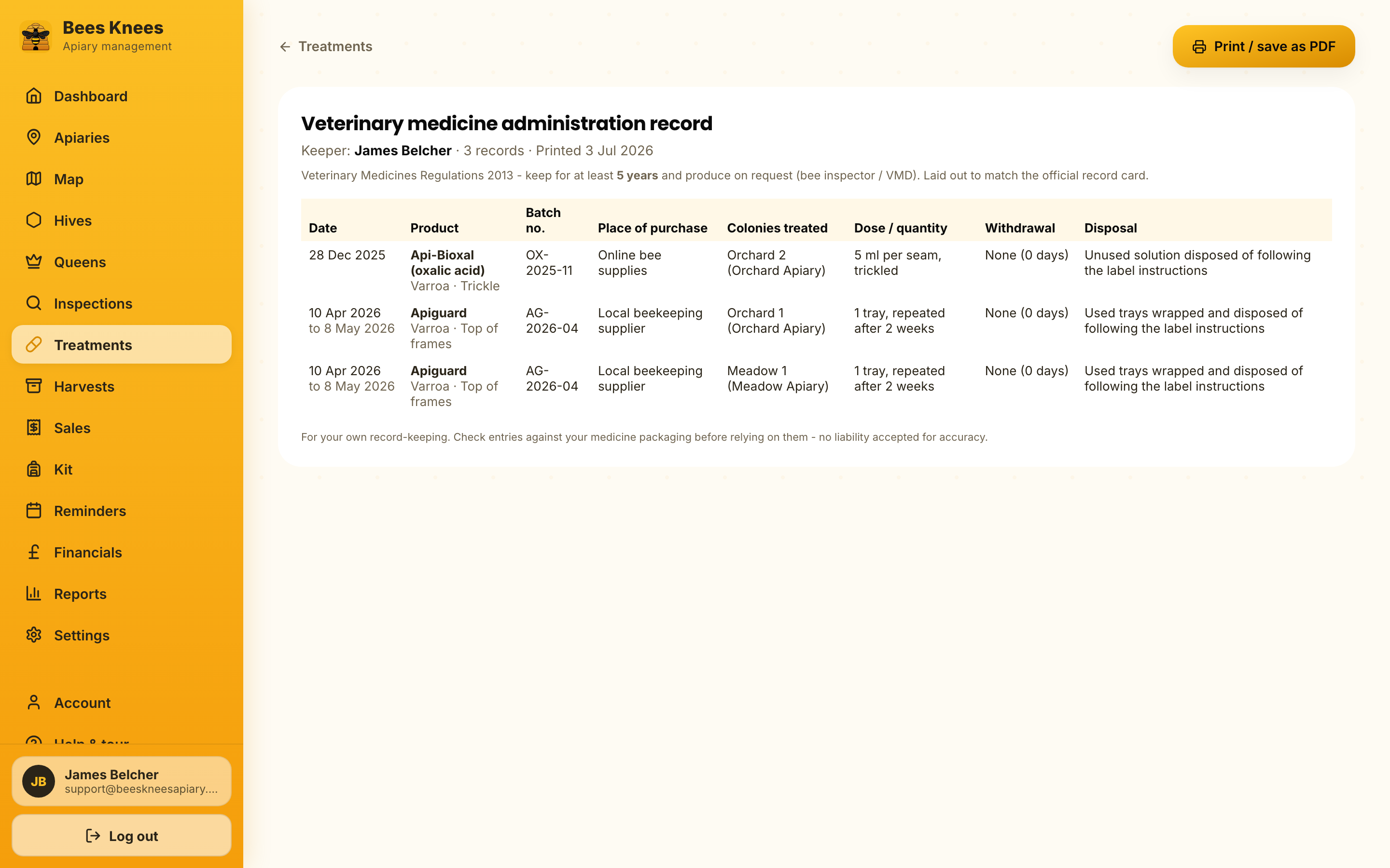 The print-ready veterinary medicine administration record in Bees Knees Apiary